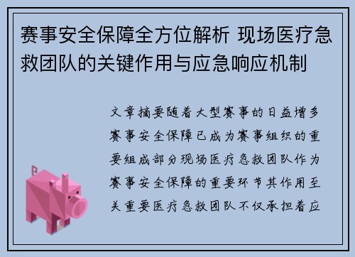 赛事安全保障全方位解析 现场医疗急救团队的关键作用与应急响应机制